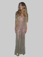 Rhinestone Fishnet Maxi Dress - Sheer Glitter Evening Gown