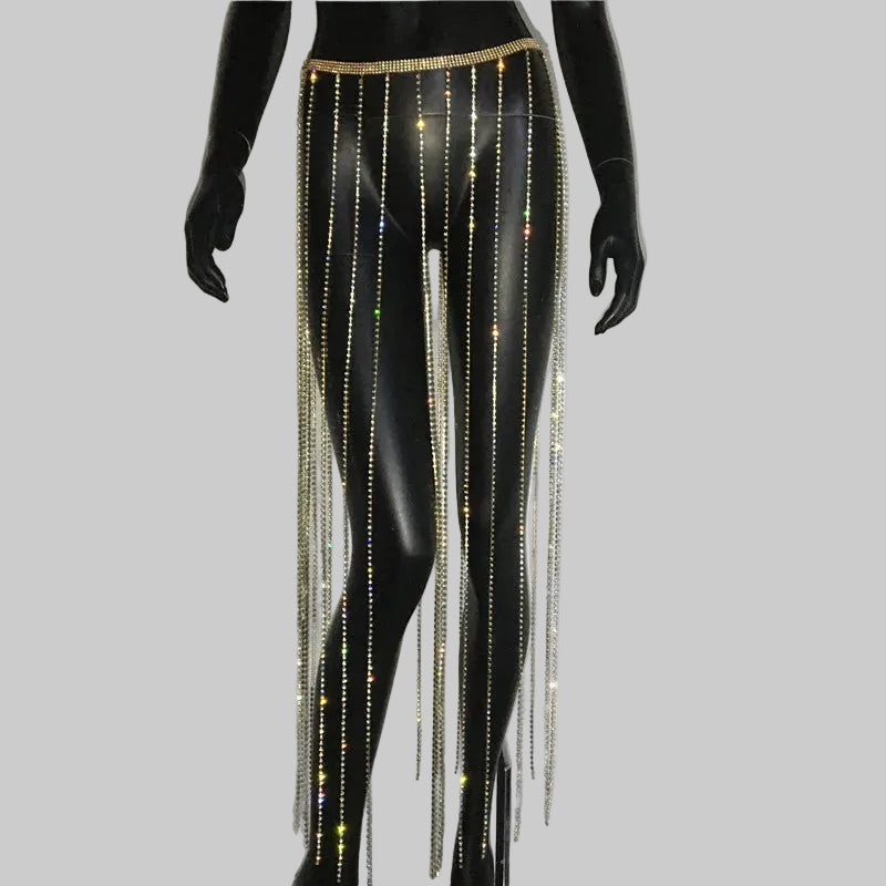 Rhinestone Tassel Skirt with Metal Sequin Waist Belt - Body Chain Skirt