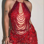 "Crimson Cascade" Beaded Fringe Halter Top - Performance, Festival & Showgirl Top