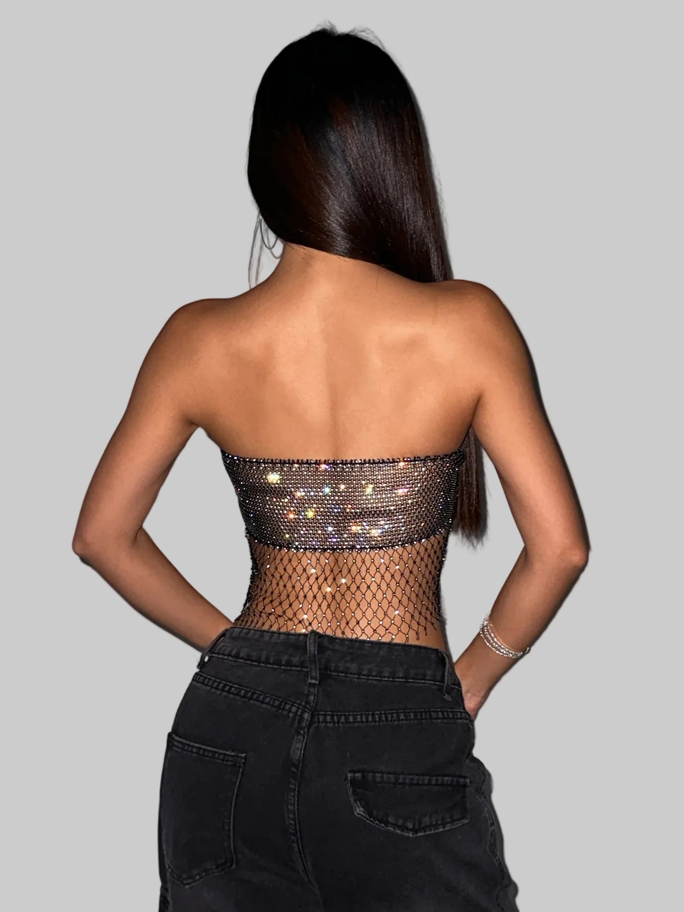Rhinestone Fishnet Sequin Tassel Camisole - Sheer Mesh Tube Top