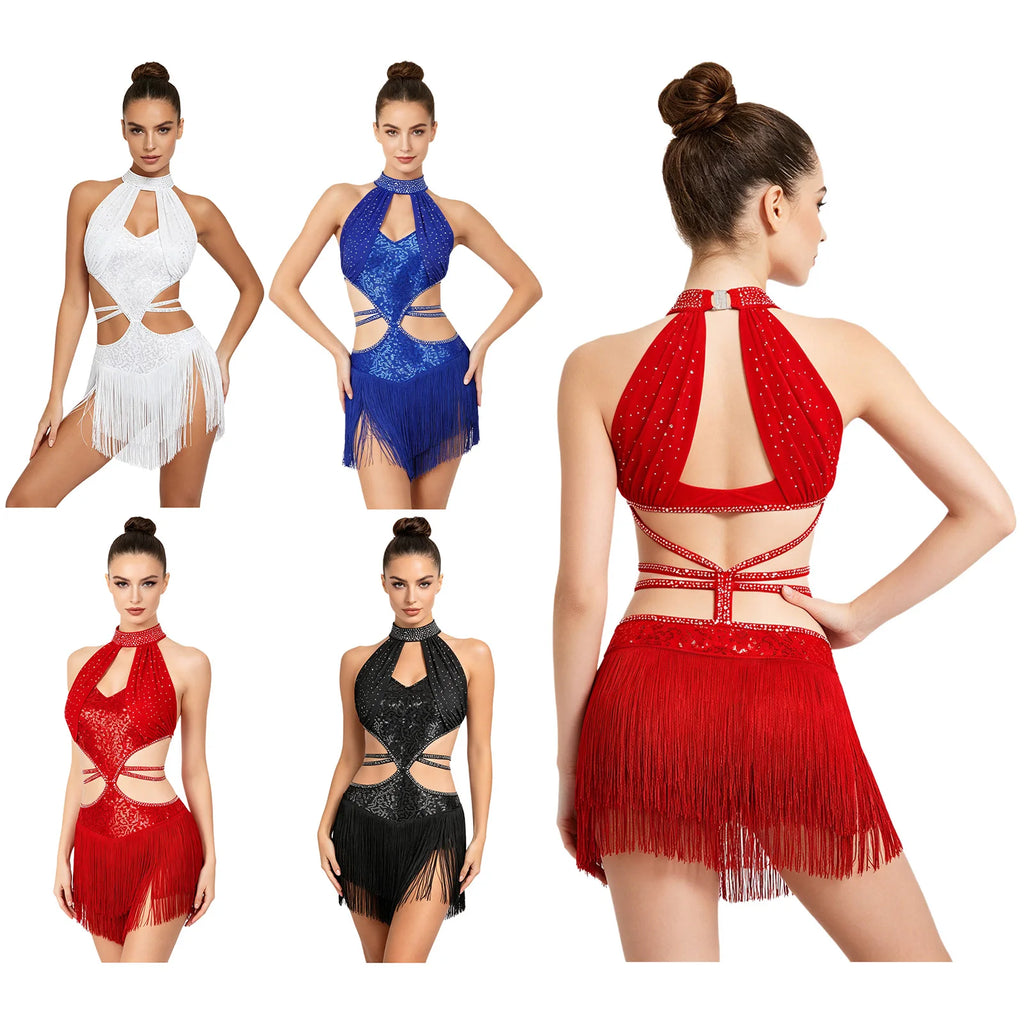 Shiny Latin Tassel Fringe Dress | Halterneck Keyhole Cutout | Samba Tango Performance