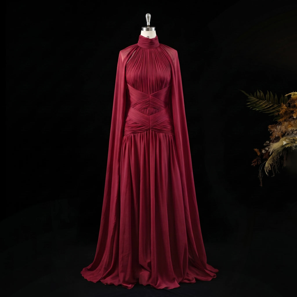 Wine Red Cape Sleeve Gown | High Neck Pleated Chiffon | A-Line