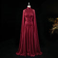Wine Red Cape Sleeve Gown | High Neck Pleated Chiffon | A-Line