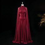 Wine Red Cape Sleeve Gown | High Neck Pleated Chiffon | A-Line