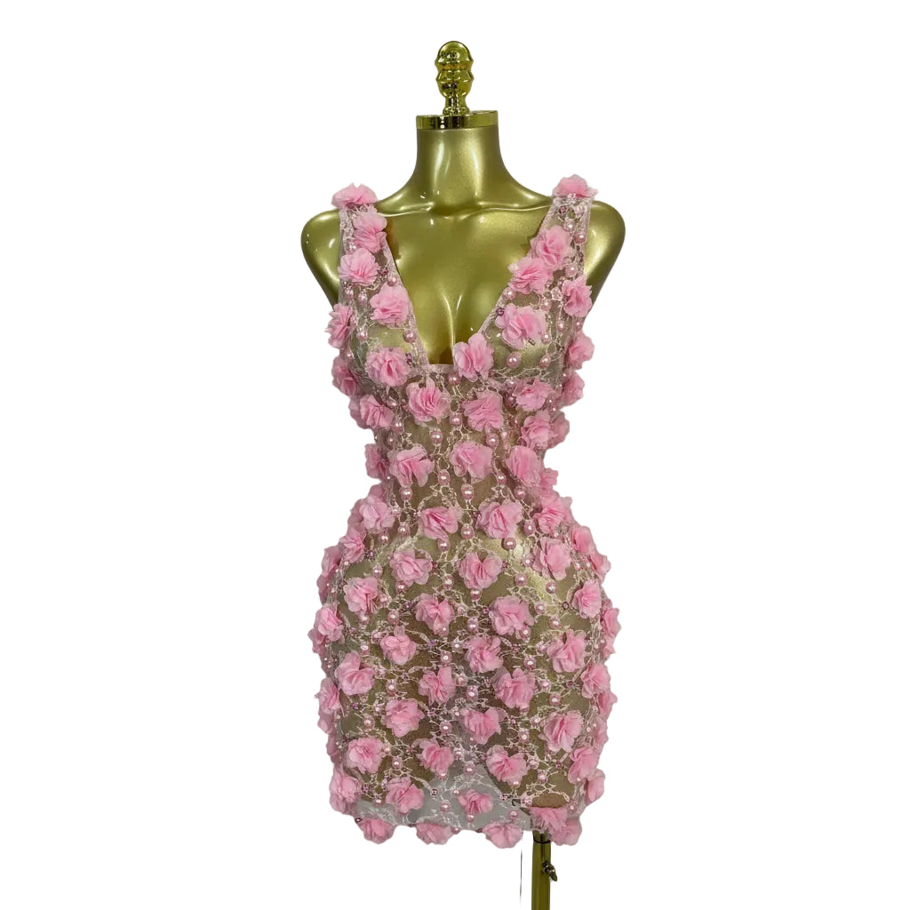 Pearl Flower Mesh Mini Dress | 3D Appliqué | V-Neck | Stage & Club