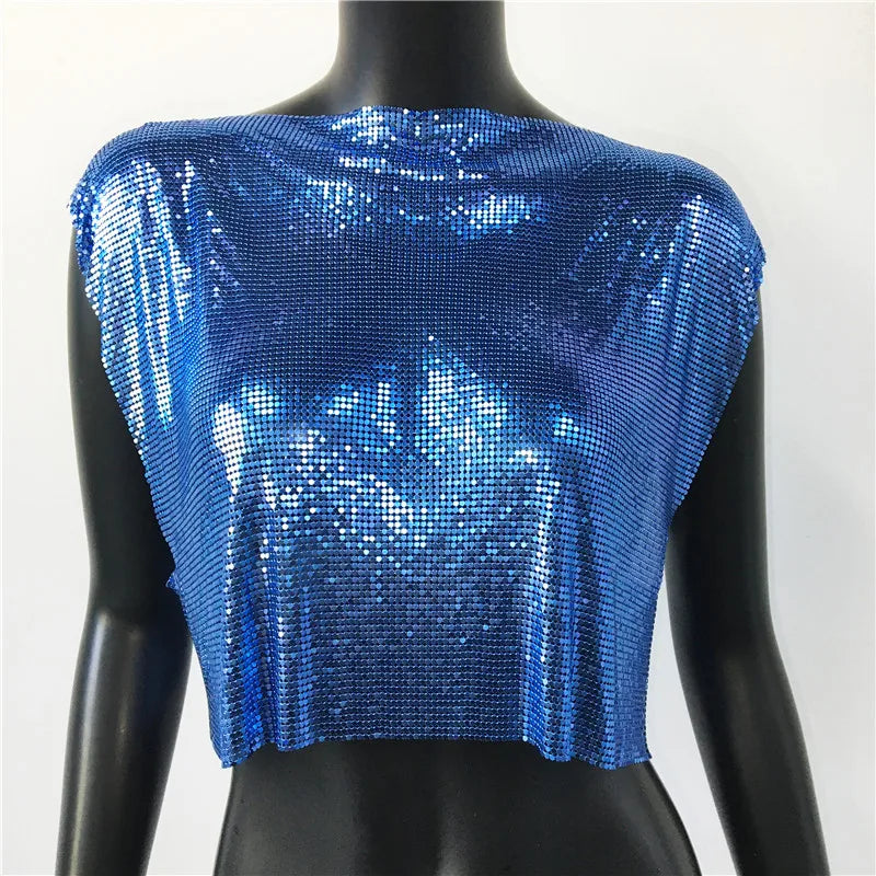 Metallic Sequin Patchwork Crop Top - Hollow-Out O-Neck