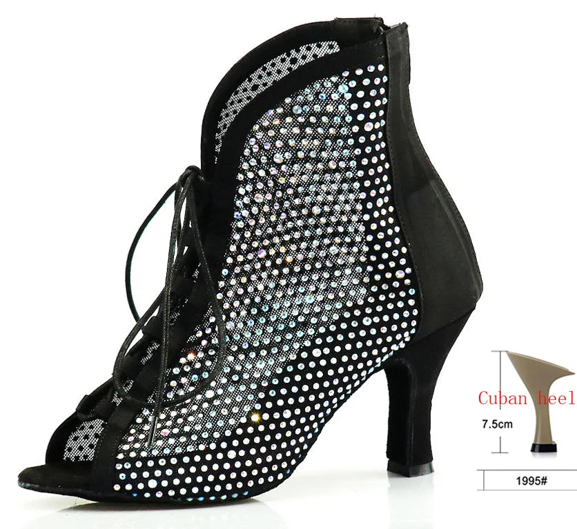Rhinestone Latin Dance Boots | Black Mesh & Satin | Cuban Heel