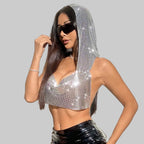 Hooded Sequin Crop Top with Deep V-Neck