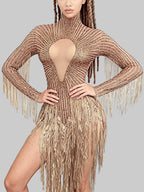 Gold Rhinestone Tassel Dress - Sheer Mesh Performance Costume for Dancers & Celebrations