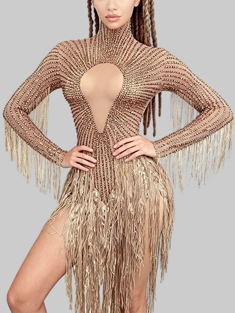 Gold Rhinestone Tassel Dress - Sheer Mesh Performance Costume for Dancers & Celebrations