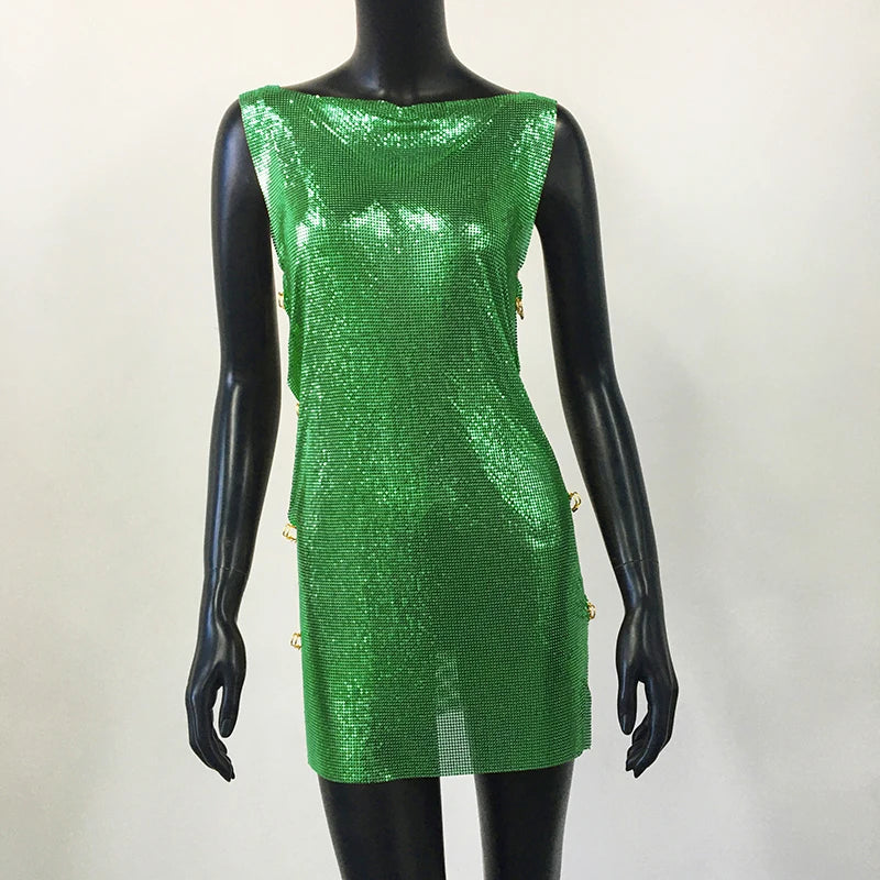Metallic Sequin Mini Dress - Backless Sheer Party Dress
