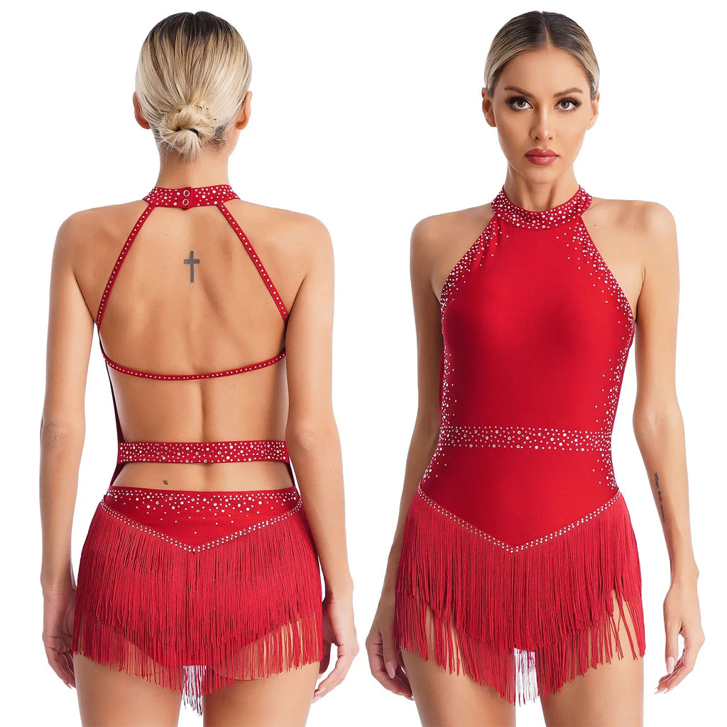 Rhinestone Tassel Latin Leotard | Halter Neck | Backless | Fringe Skirt