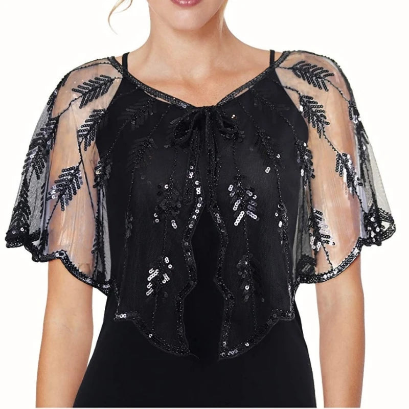 1920s Sequin Leaf Cape | Sheer Mesh Bolero | Flapper Shawl