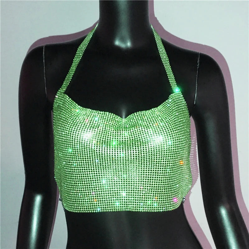 Rhinestone Sequin Halter Crop Top - Backless Metallic Strap Tank for Festival
