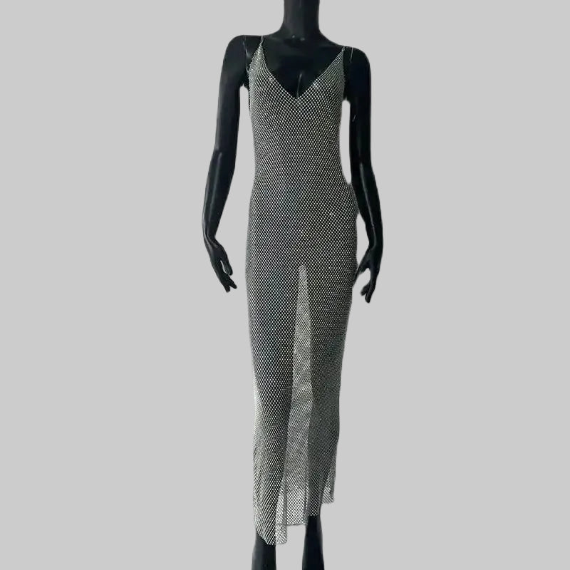 Rhinestone Fishnet Maxi Dress - Sheer Glitter Evening Gown