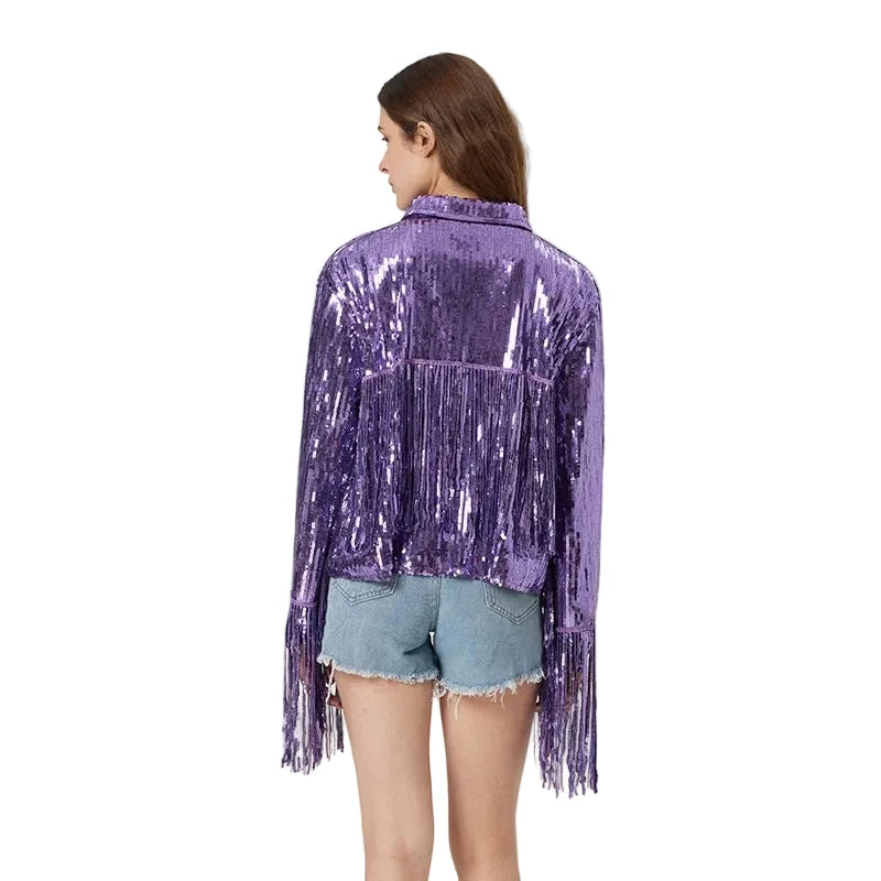 Purple Sequin Fringe Open-Front Jacket | Festival & Western | M–L