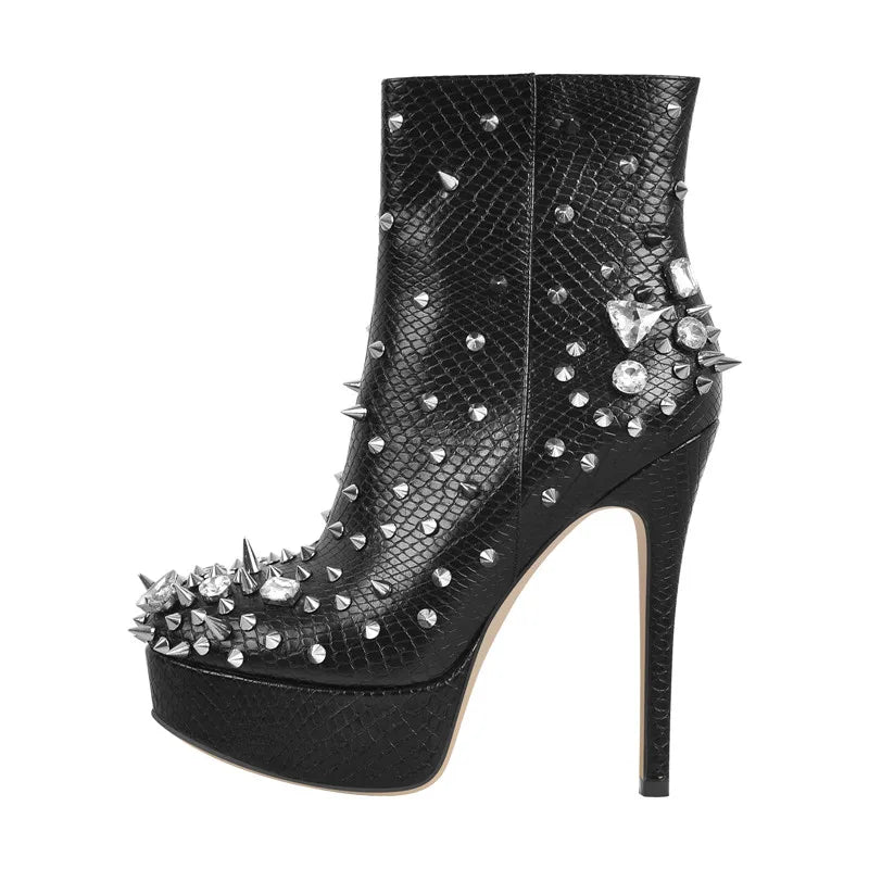 Rhinestone Rivet Platform Ankle Boots | Round Toe Stiletto | Black