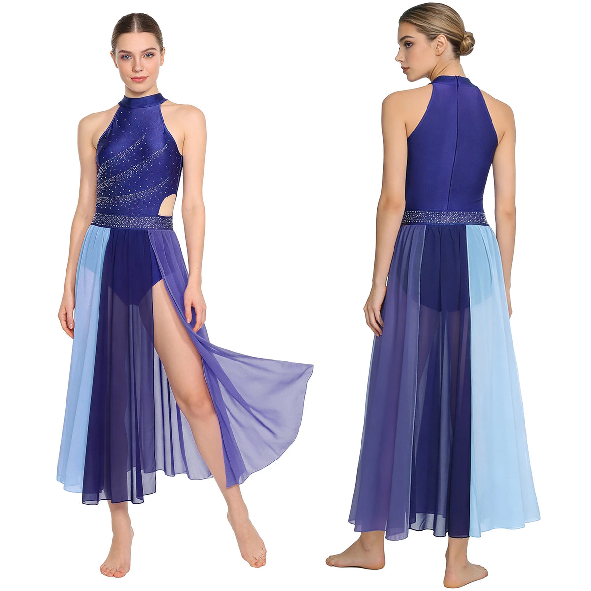 Rhinestone Lyrical Dress | Color-Block | Side Split | Mesh