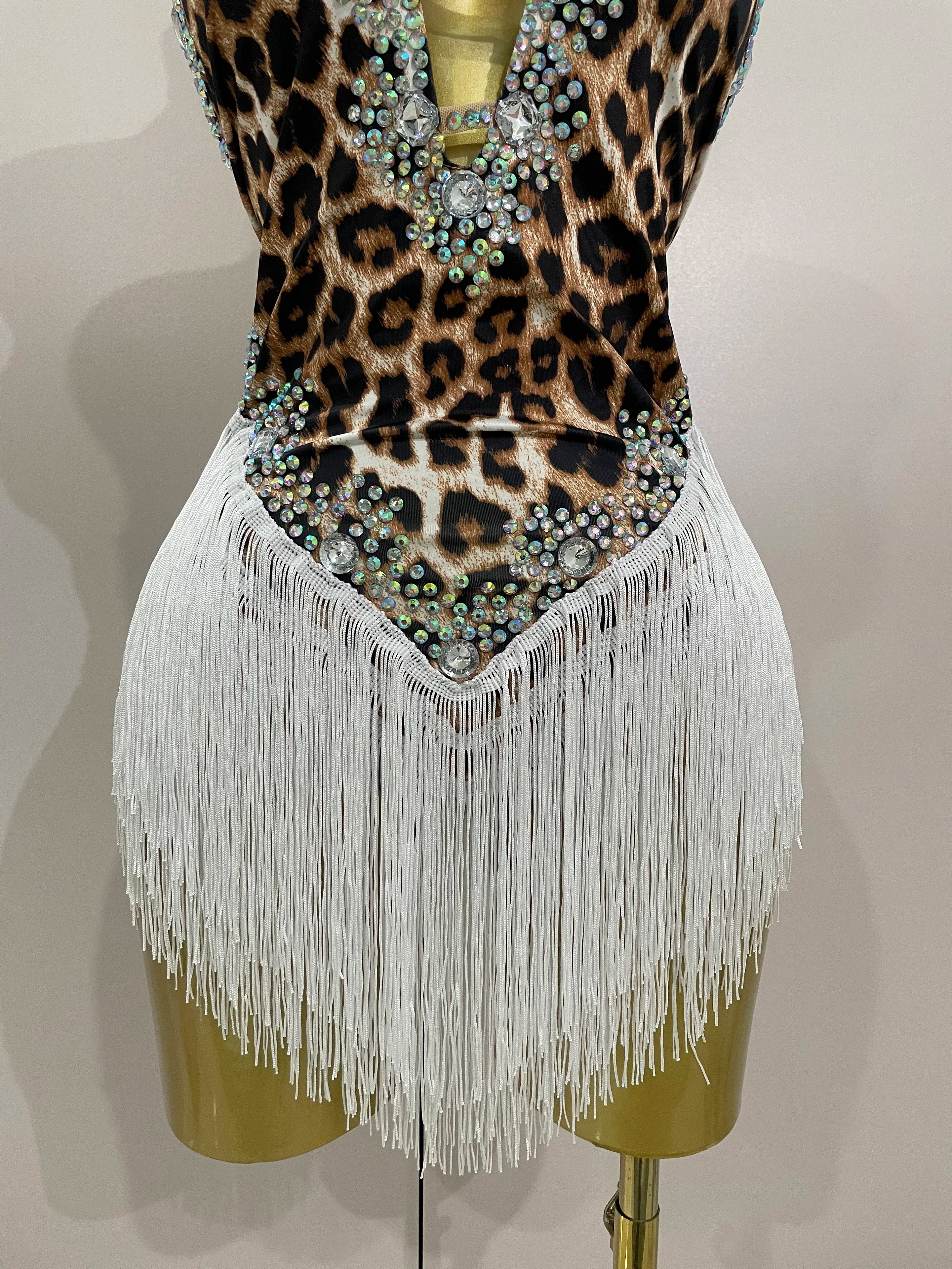 Leopard Print Rhinestone Tassel Bodysuit | Halter | S–XL