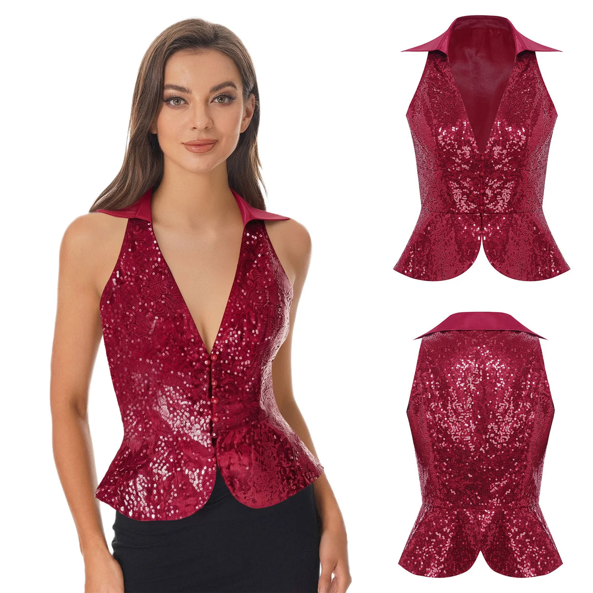 Sequin Lapel Peplum Vest | Sleeveless | Jazz, Cabaret & Stage Performance