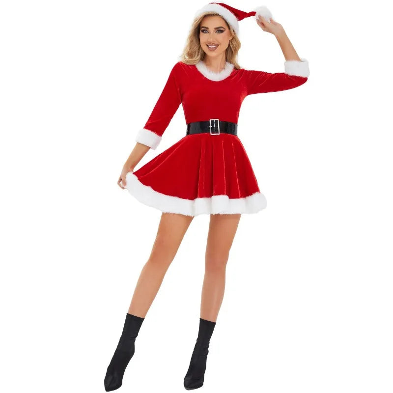 Women's Santa Costume Dress | Fur Trim | With Hat
