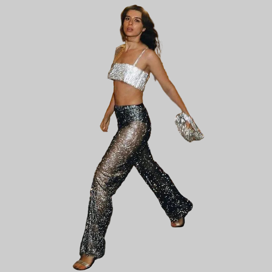 Rhinestone Fishnet Pants - Sheer Crystal Party Trousers