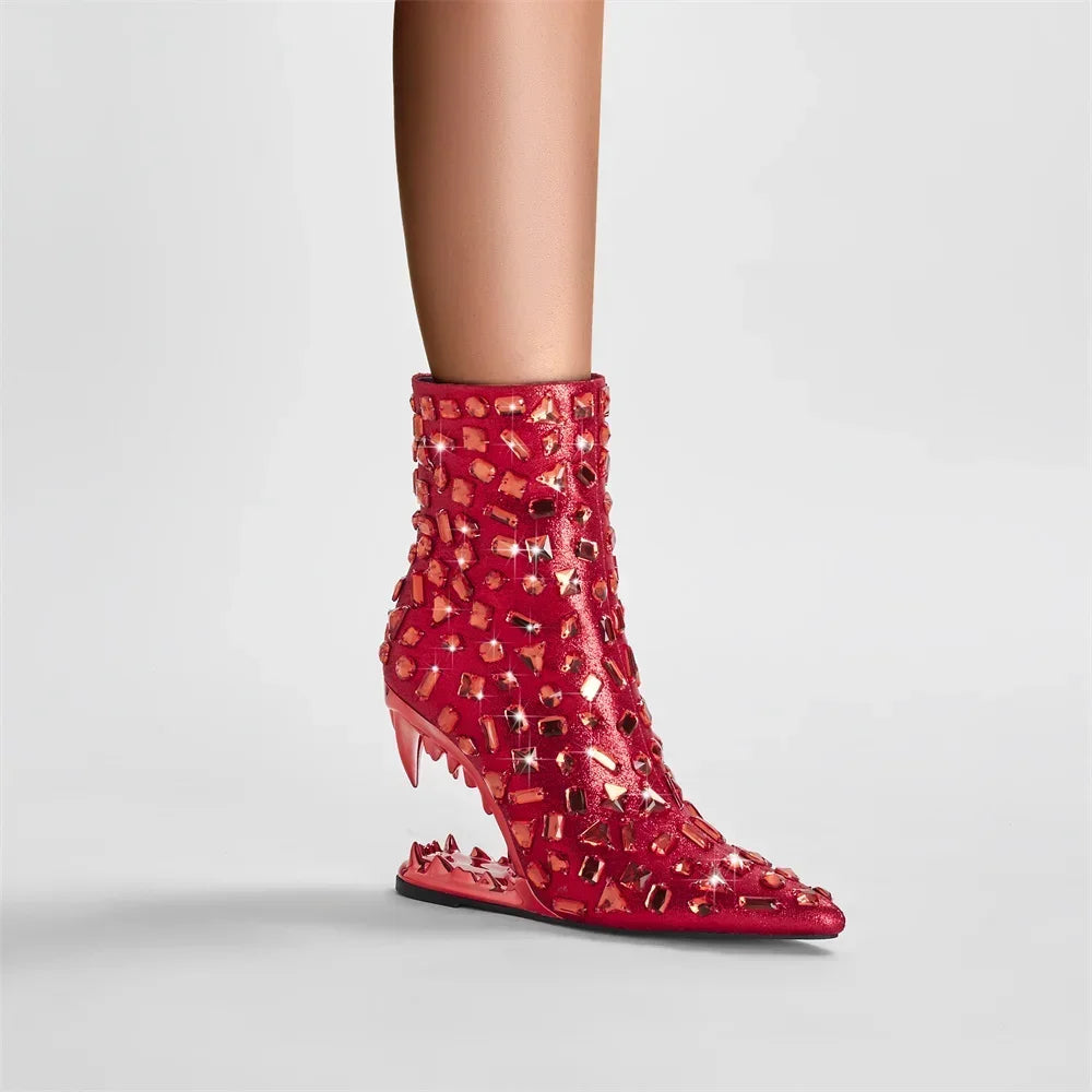 Flame Rhinestone Velvet Ankle Boots - Crystal Wedge Heel Boots