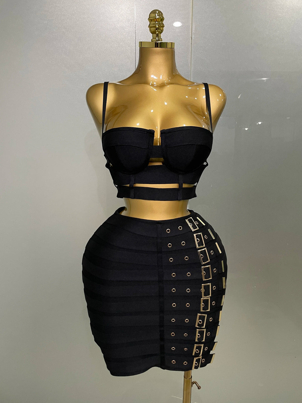 Bandage Two-Piece Set | Crop Top & Pencil Skirt | Gold Hardware