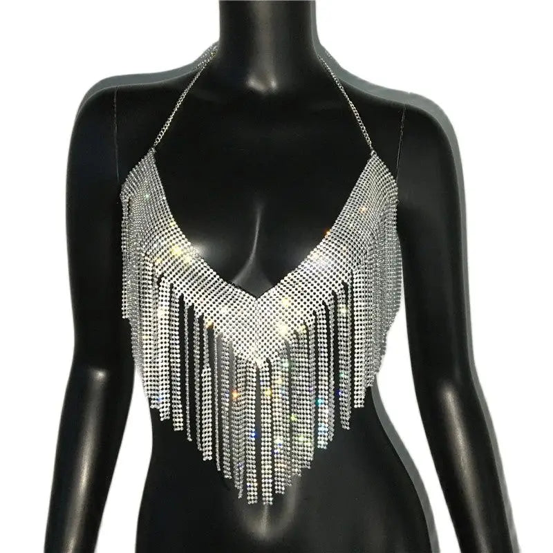Rhinestone Tassel Halter Crop Top - Backless Sequin Party Top