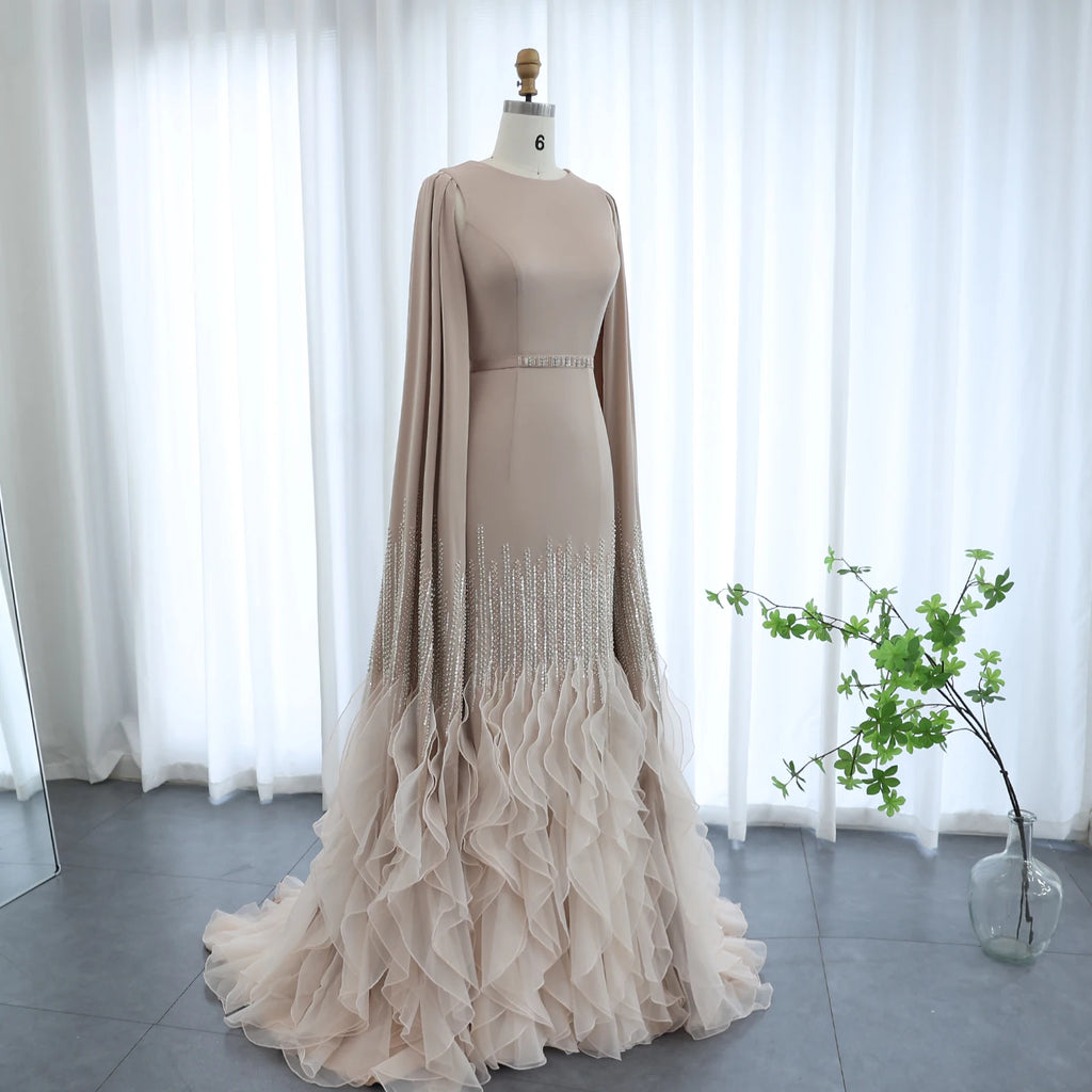 Ruffle Cape Mermaid Gown | Scoop Neck | Nude, White, Burgundy