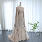 Ruffle Cape Mermaid Gown | Scoop Neck | Nude, White, Burgundy