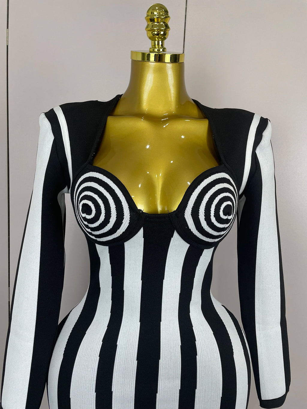 Stripe Long-Sleeve Bandage Mini Dress | Spiral Bust | Black & White