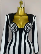 Stripe Long-Sleeve Bandage Mini Dress | Spiral Bust | Black & White
