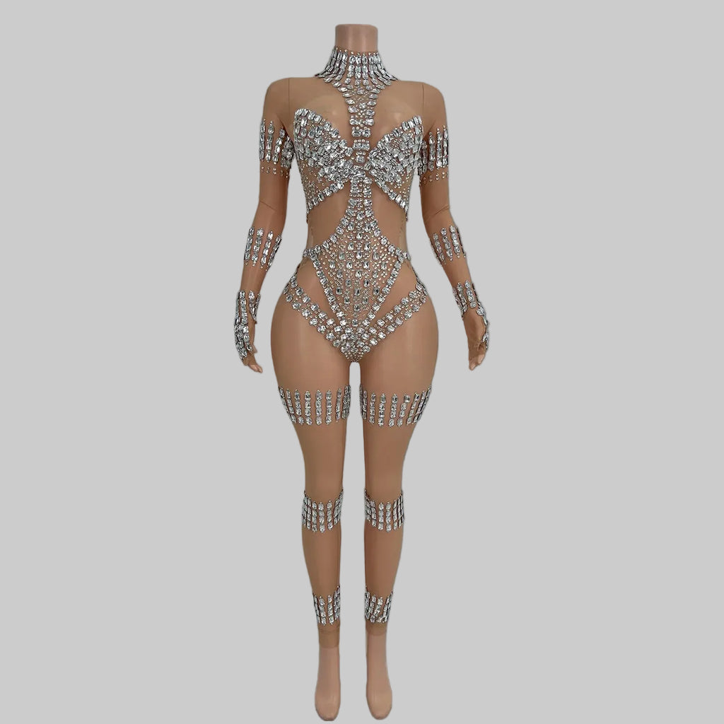 Crystal Rhinestone Mesh Jumpsuit - Sheer Performance Catsuit for Stage & Dance