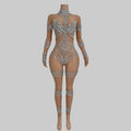 Crystal Rhinestone Mesh Jumpsuit - Sheer Performance Catsuit for Stage & Dance