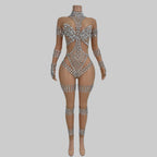 Crystal Rhinestone Mesh Jumpsuit - Sheer Performance Catsuit for Stage & Dance
