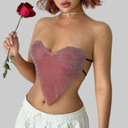 Heart Rhinestone Bandage Crop Top - Tie-Back Sequin Tank