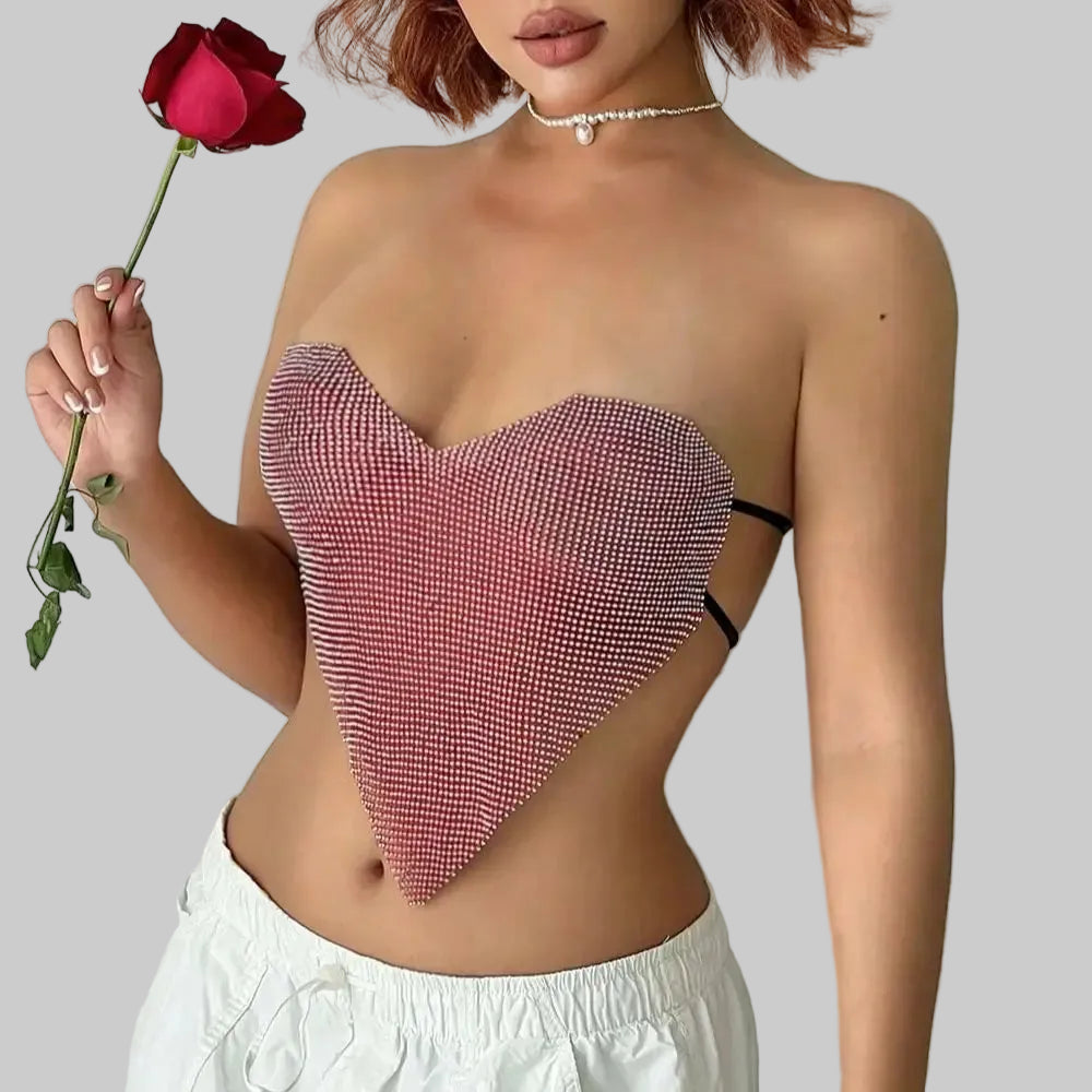 Heart Rhinestone Bandage Crop Top - Tie-Back Sequin Tank