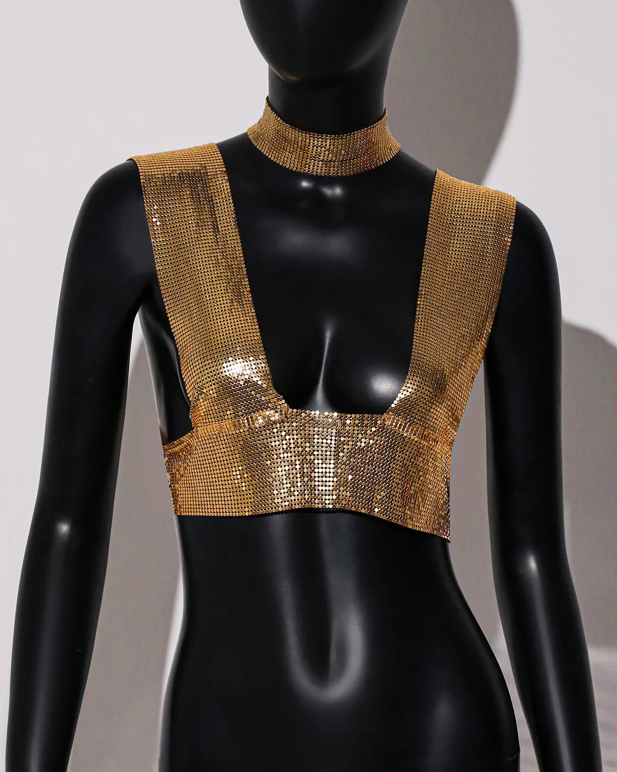 Sequin Choker Crop Top - Backless V-Neck Performance Cami
