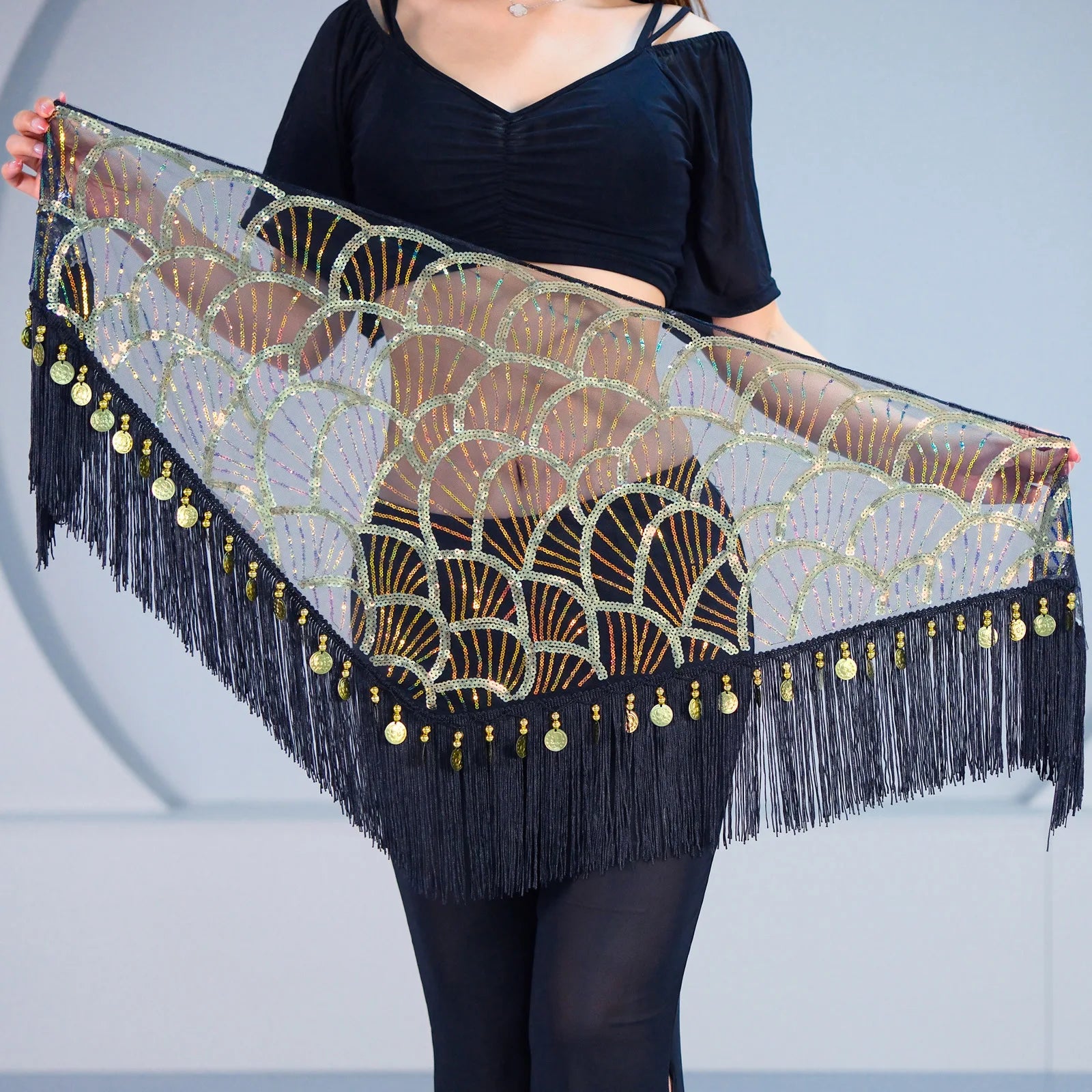 Belly Dance Hip Scarf | Sequin Fringe | Gold Coins