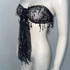 Sequin Tassel Mesh Tube Top - Sheer Backless Bandage Crop Top