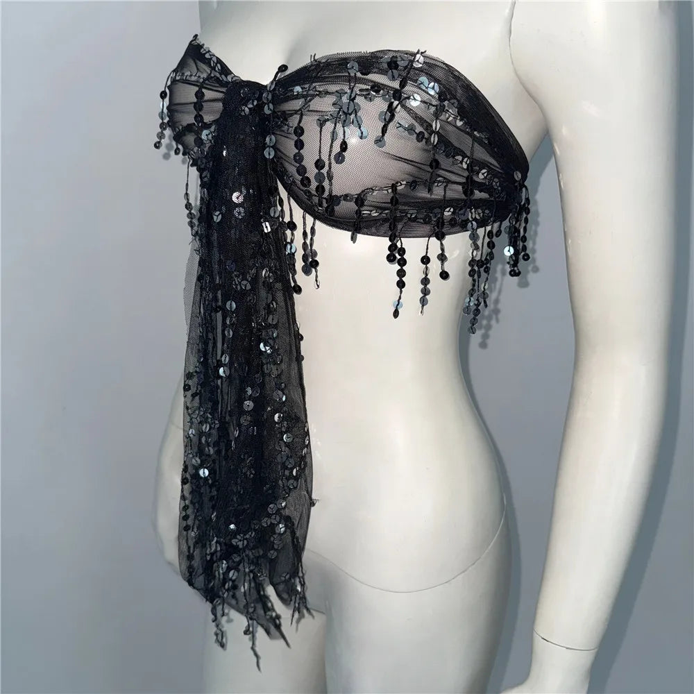 Sequin Tassel Mesh Tube Top - Sheer Backless Bandage Crop Top