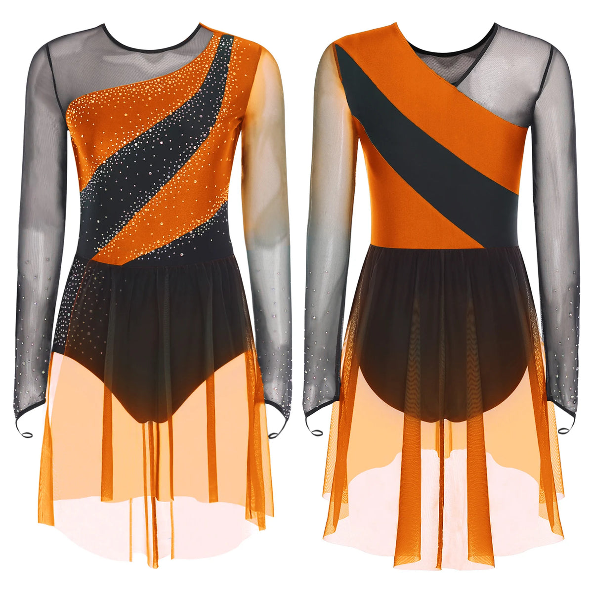 Rhinestone Sequin Leotard Dress | Mesh Long Sleeve | Gradient Skirt | Figure Skating