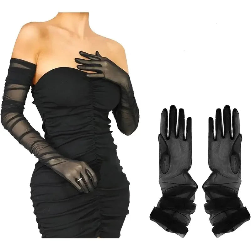 Sheer Black Opera Gloves | 53 cm