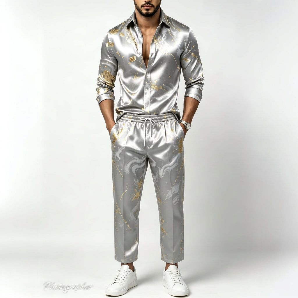 Men's Satin Shirt & Pants Set | Metallic Gold Print | Stage & Party