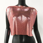 Metallic Sequin Patchwork Crop Top - Hollow-Out O-Neck