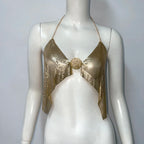 Metallic Sequin Halter Crop Top - Deep V-Neck Backless