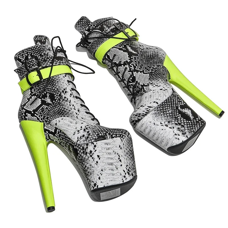20CM Platform Ankle Boots - Snake Print High Heel Pole Dance Boots