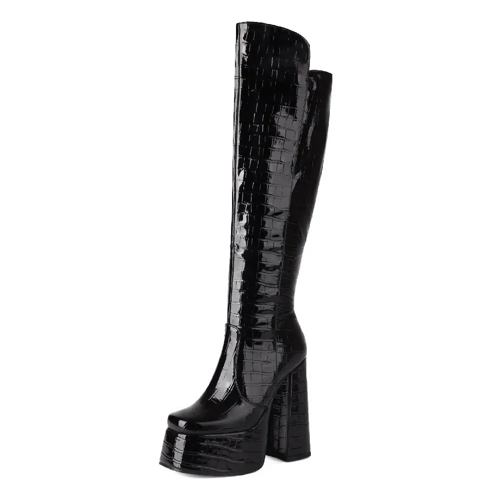 Knee-High Platform Boots | Croc-Effect | 14cm