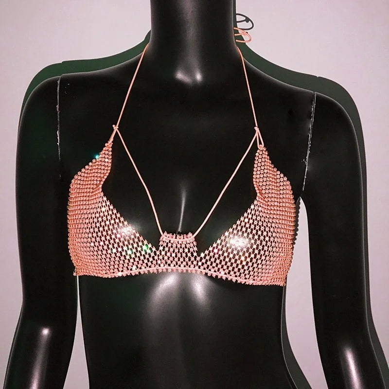 Fishnet Mesh Bikini Top - Backless Deep V-Neck Crop Top